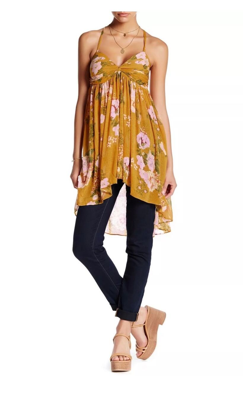 Free People Mirage Yellow Floral Print Hi-Low Tunic Dress Size Medium
